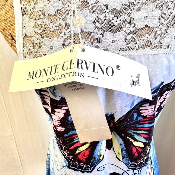 Monte Cervino Women's  Blue Butterfly Print Mini Lace Back Dress Tunic Sz L/XL - Picture 5 of 11